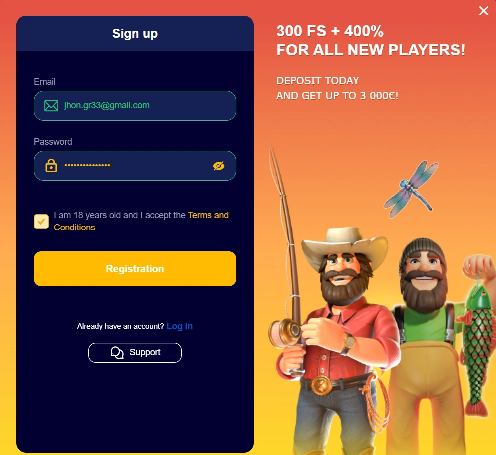 VeryWell Casino registration form showing account creation steps